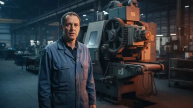 Ouvrier français inquiet en bleu de travail devant des machines industrielles à l'arrêt dans une usine silencieuse