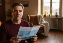 Propriétaire inquiet tenant un diagnostic de performance énergétique dans son salon près d'un radiateur