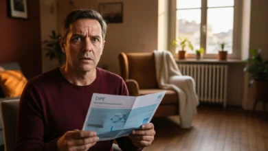 Propriétaire inquiet tenant un diagnostic de performance énergétique dans son salon près d'un radiateur