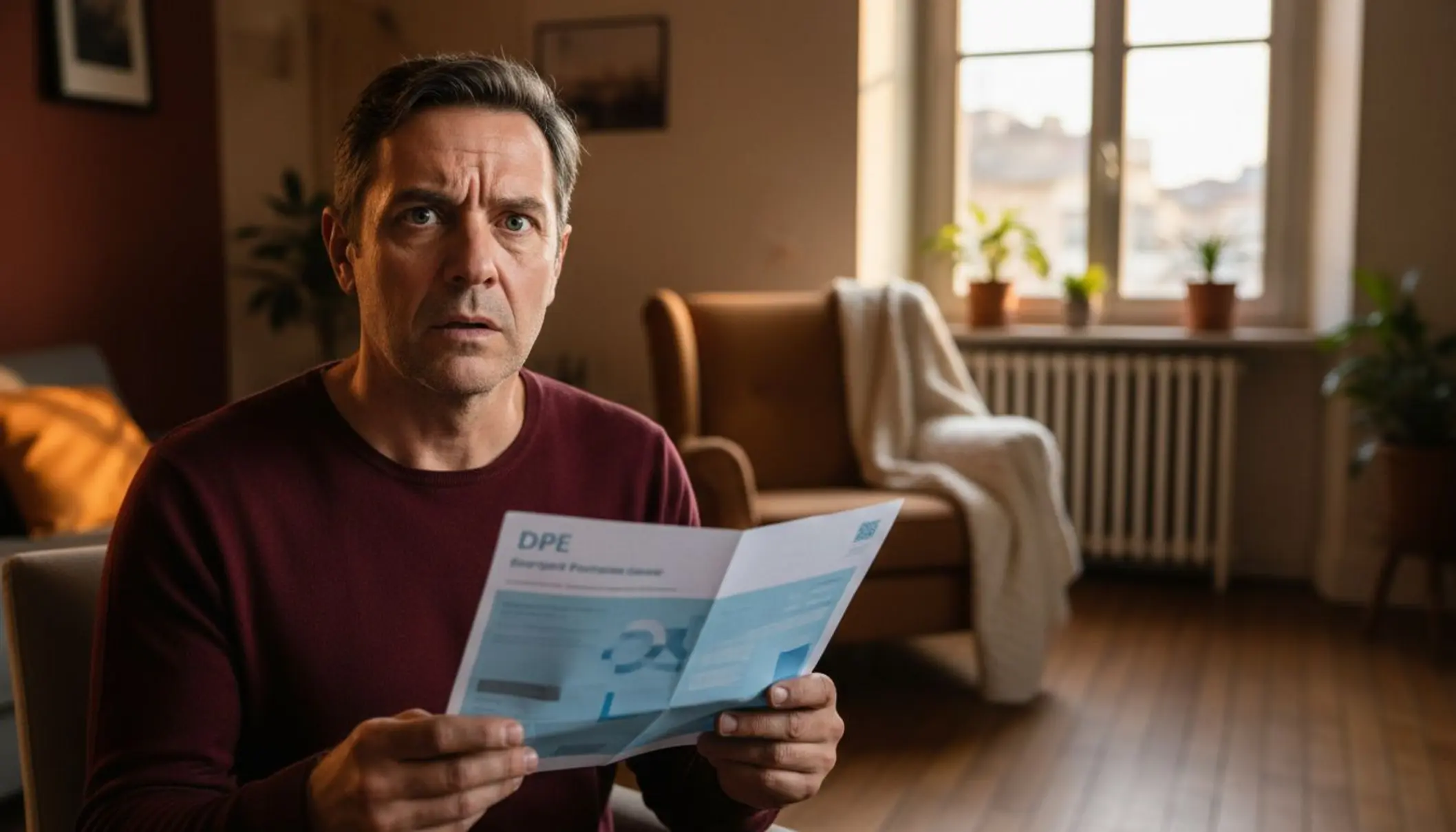 Propriétaire inquiet tenant un diagnostic de performance énergétique dans son salon près d'un radiateur