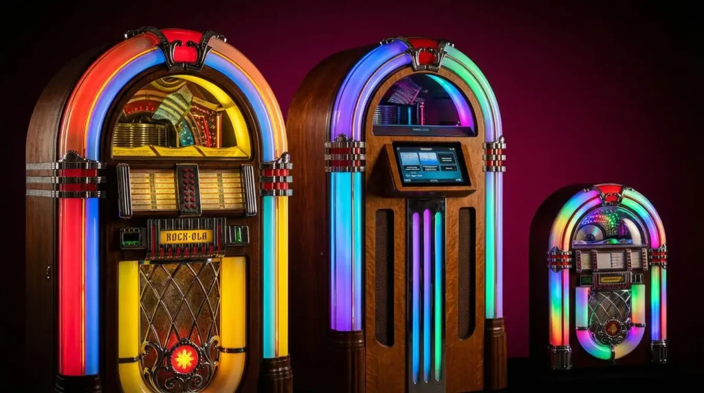 Trois styles de jukebox côte à côte : vintage Rock-Ola, moderne rétro et mini format"
