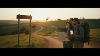 Photo panoramique d’un couple de voyageurs debout face à un paysage emblématique d’Afrique du Sud : collines verdoyantes au coucher de soleil, route sinueuse, panneau indiquant une réserve naturelle, avec au loin une silhouette de girafe ou d’éléphant. Les voyageurs portent sacs à dos et chapeaux, consultent une carte ou un smartphone, ambiance à la fois aventureuse et rassurante.
