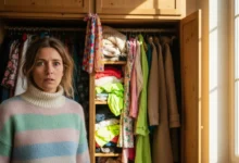 Femme inquiète devant son armoire ouverte portant une superposition maladroite de vêtements pastel et hiver