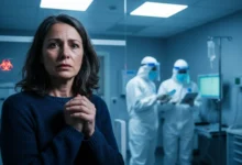 Patiente inquiète assise dans une salle d'attente d'hôpital, personnel soignant masqué visible en arrière-plan