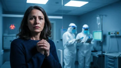 Patiente inquiète assise dans une salle d'attente d'hôpital, personnel soignant masqué visible en arrière-plan