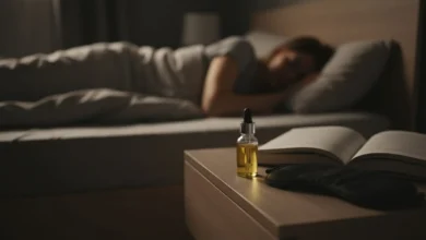 Photo en plan large d’une chambre tamisée de nuit, avec une lumière chaude douce. Sur une table de chevet en bois clair, un petit flacon d’huile de CBD avec une pipette repose à côté d’un livre ouvert et d’un masque de sommeil. En arrière-plan, on devine une personne allongée dans le lit, floue, semblant s’endormir paisiblement.