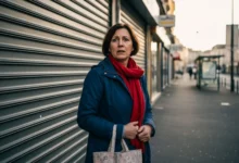 Femme inquiète devant un magasin aux rideaux baissés, sac de courses à la main, rue commerçante déserte