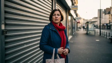Femme inquiète devant un magasin aux rideaux baissés, sac de courses à la main, rue commerçante déserte