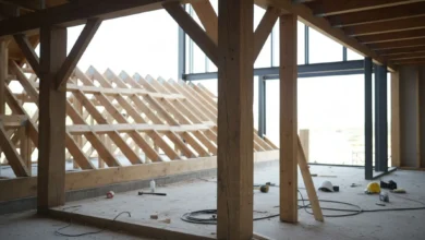 Photo en légère contre-plongée de l’intérieur d’une maison en construction montrant un panachage visuel de trois types de charpentes : au premier plan une charpente bois traditionnelle avec grosses poutres apparentes, au second plan une zone de fermettes industrielles en bois plus fines et régulières, et en arrière-plan une structure métallique gris anthracite. Lumière naturelle entrant par une grande ouverture, sol en dalle béton brute, outils de chantier visibles au sol. Style photo net et contemporain, ambiance de chantier propre et moderne.