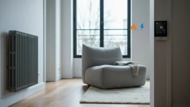 Intérieur moderne et lumineux d’un salon français avec d’un côté un radiateur électrique design fixé au mur, de l’autre un thermostat connecté affichant la température, et en arrière-plan une grande fenêtre laissant entrer la lumière d’un matin d’hiver. Au sol, un tapis douillet et un fauteuil confortable suggèrent le confort thermique. Quelques icônes discrètes de flamme et d’éclair peuvent être superposées en graphisme léger pour symboliser le gaz et l’électricité.