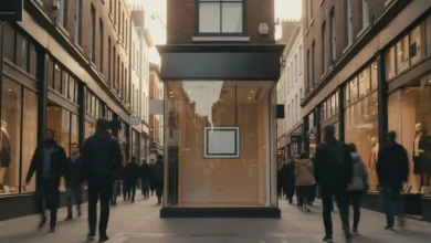 Photo en contre-plongée d’une rue commerçante animée : vitrines alignées, passants flous pour suggérer le flux, au centre un local vide avec vitrine propre, panneau « À louer » bien visible, lumière de fin de journée, ambiance urbaine dynamique mais réaliste.