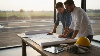 Photo en lumière naturelle d’un architecte et d’un couple de particuliers penchés sur un grand plan de maison moderne posé sur une table en bois. On voit des croquis, une tablette affichant une modélisation 3D, un nuancier de matériaux et un casque de chantier posé à côté. En arrière-plan, de larges baies vitrées ouvrent sur un terrain nu où l’on devine les futures fondations, symbolisant la transition entre le dessin et la construction réelle.