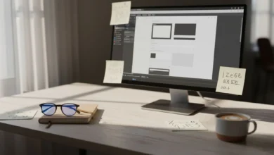 Un écran d’ordinateur affichant la maquette d’un site web en cours de création, avec une interface de type constructeur de page, entouré de notes papier, d’un carnet et d’un café sur un bureau lumineux, donnant une impression d’apprentissage et de créativité.