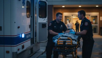 Photo en légère contre-plongée d’une équipe de deux ambulanciers en tenue professionnelle sortant un brancard d’une ambulance stationnée devant les urgences d’un hôpital, à la tombée du jour. On voit les gyrophares bleus reflétés sur la carrosserie, l’un des ambulanciers échange un regard rassurant avec un patient allongé sur le brancard. L’ambiance est dynamique mais rassurante, couleurs réalistes, style photo documentaire.