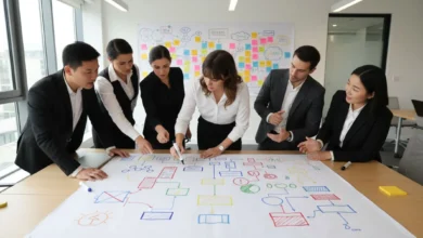 Photo en format horizontal prise au-dessus d’un grand paperboard dans une salle de réunion lumineuse. On voit une facilitatrice en train de dessiner des pictogrammes simples et des mots-clés en couleurs vives, entourée de plusieurs personnes debout qui pointent des éléments du visuel et discutent. Sur le mur, des post-it multicolores, des schémas et des flèches donnent une impression d’énergie et de co-construction. Style moderne, ambiance professionnelle mais créative.