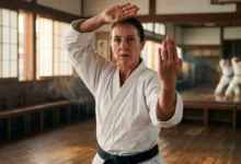 Femme qui realise un kata de karaté Heian Yondan