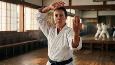 Femme qui realise un kata de karaté Heian Yondan