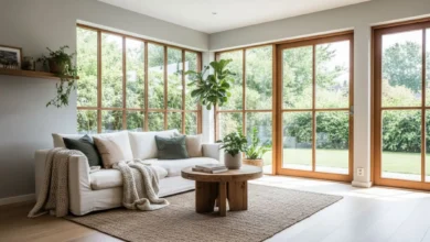 Photo lumineuse de la pièce à vivre d’une maison contemporaine, avec de grandes fenêtres mixtes bois-alu donnant sur un jardin verdoyant. La lumière naturelle inonde la pièce, on distingue les profilés de fenêtre, le vitrage légèrement réfléchissant et un coin canapé chaleureux. Style photographie éditoriale nette et moderne, ambiance confortable et éco-responsable.
