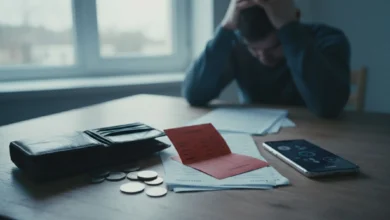 Photo en plongée d’une table de cuisine modeste : un portefeuille entrouvert, quelques pièces éparpillées, des factures d’énergie et de loyer, un relevé bancaire rougeoyant avec la mention « découvert », un smartphone affichant une application de banque, et au second plan une personne assise, la tête entre les mains, dans une lumière de fin de journée un peu froide, suggérant le stress de la fin de mois.