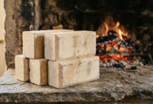 Briques réfractaires beiges empilées devant un foyer de cheminée en pierre avec braises rougeoyantes