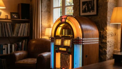 Jukebox vintage style Wurlitzer avec éclairage LED dans un salon