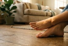 Pieds féminins nus posés sur un parquet baigné de lumière naturelle