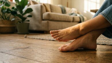 Pieds féminins nus posés sur un parquet baigné de lumière naturelle