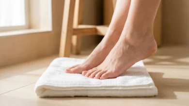 Pieds sains et hydratés posés sur une serviette blanche dans une salle de bain lumineuse