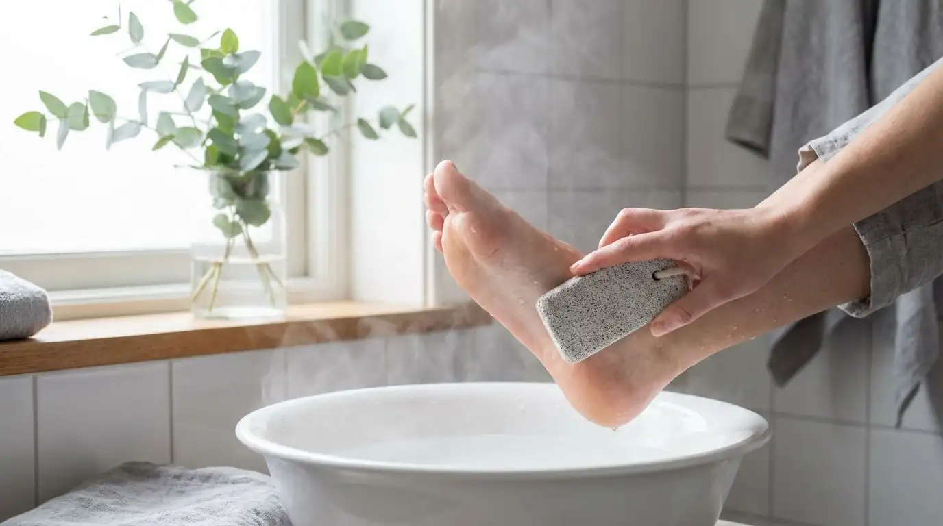 Utilisation d'une pierre ponce pour exfolier la peau du pied