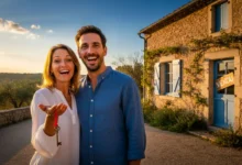 Couple trentenaire souriant devant une maison en pierre avec panneau vendu, lumière dorée de fin de journée