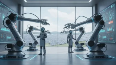 Vue intérieure d’une usine ultra-moderne : bras robotisés collaborant avec des opérateurs humains équipés de casques de réalité augmentée, grands écrans affichant des tableaux de bord de données en temps réel, ambiance lumineuse et propre, avec en arrière-plan des panneaux solaires visibles à travers de larges baies vitrées. Style photo réaliste, esthétique contemporaine, couleurs nettes.