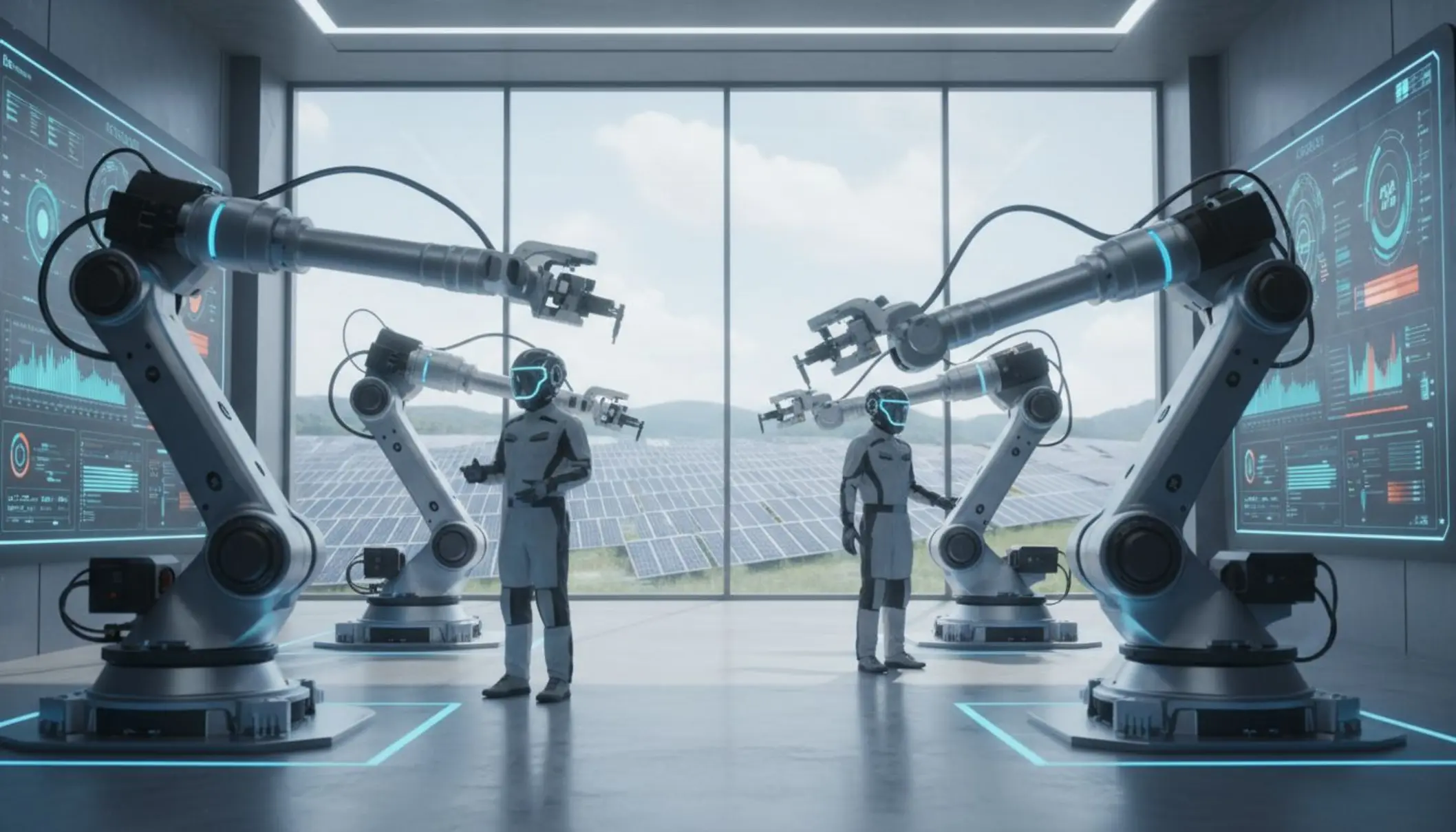 Vue intérieure d’une usine ultra-moderne : bras robotisés collaborant avec des opérateurs humains équipés de casques de réalité augmentée, grands écrans affichant des tableaux de bord de données en temps réel, ambiance lumineuse et propre, avec en arrière-plan des panneaux solaires visibles à travers de larges baies vitrées. Style photo réaliste, esthétique contemporaine, couleurs nettes.