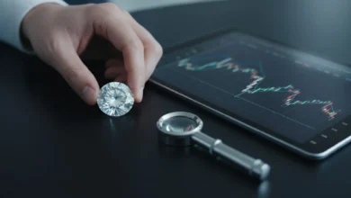 Photo en plan rapproché d’une main posant un diamant taillé sur une table noire à côté d’une loupe de gemmologue et d’un graphique financier affiché sur une tablette. Lumière froide et nette, ambiance professionnelle, contrastant l’éclat du diamant avec la rigueur des chiffres pour illustrer la dimension investissement plutôt que purement joaillière.
