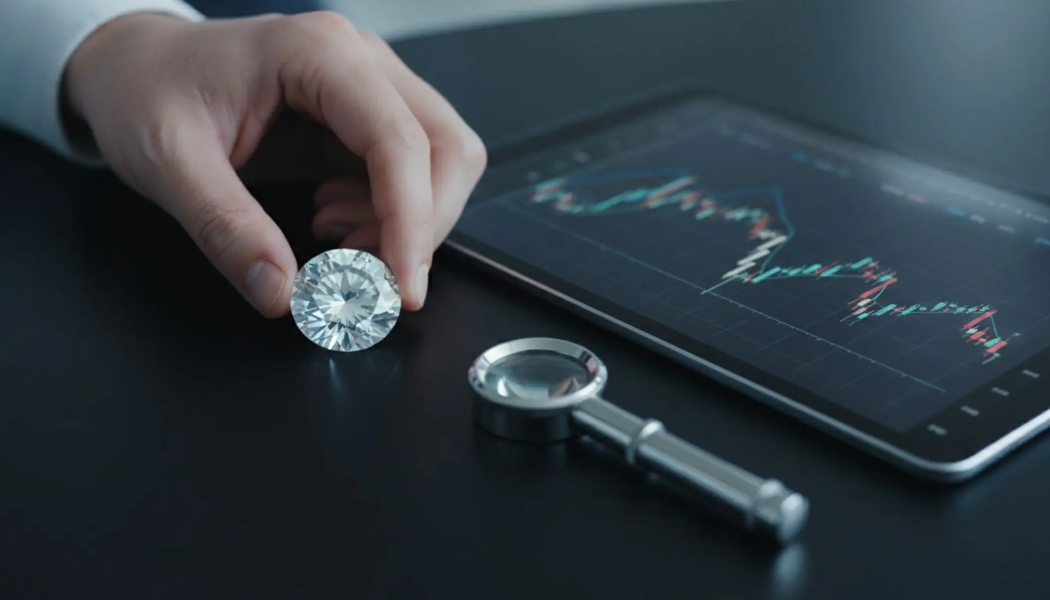 Photo en plan rapproché d’une main posant un diamant taillé sur une table noire à côté d’une loupe de gemmologue et d’un graphique financier affiché sur une tablette. Lumière froide et nette, ambiance professionnelle, contrastant l’éclat du diamant avec la rigueur des chiffres pour illustrer la dimension investissement plutôt que purement joaillière.