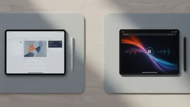 Photo en plan de dessus d’un bureau moderne : à gauche un iPad avec Apple Pencil posé à côté et une interface de productivité ouverte, à droite une Samsung Galaxy Tab avec S Pen affichant une application multimédia. Entre les deux, un léger espace suggérant la comparaison, avec un éclairage neutre et des tons sobres, style visuel proche d’une campagne high-tech premium.