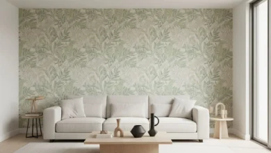 Photo lumineuse d’un salon contemporain : un grand mur habillé d’un papier peint panoramique végétal dans des tons vert sauge et beige, canapé clair aux lignes épurées, quelques objets déco minimalistes en bois et métal noir, grande fenêtre laissant entrer la lumière naturelle. L’ambiance est moderne, chaleureuse et met clairement en valeur le mur tapissé comme élément central de la pièce.