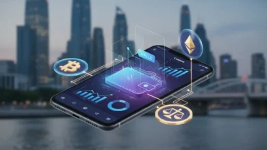 Illustration en vue isométrique montrant un smartphone affichant un portefeuille de cryptomonnaies, entouré d’icônes de pièces numériques stylisées (Bitcoin, Ethereum, stablecoin), reliées par des lignes lumineuses évoquant une blockchain, avec en arrière-plan flou une ville moderne symbolisant l’économie réelle.