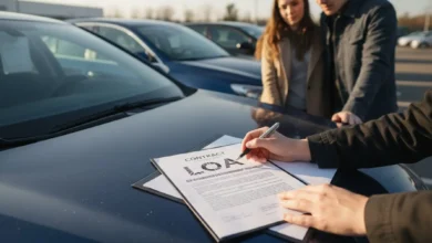 Photo en lumière naturelle d’un jeune couple en train d’examiner une voiture d’occasion sur le parking d’un concessionnaire, dossier de contrat ouvert sur le capot. On distingue en arrière-plan d’autres véhicules d’occasion avec des étiquettes de prix. Premier plan net sur les mains qui tiennent un stylo et un contrat marqué « LOA » en gros titre, pour suggérer la signature imminente et l’importance de bien lire les conditions.
