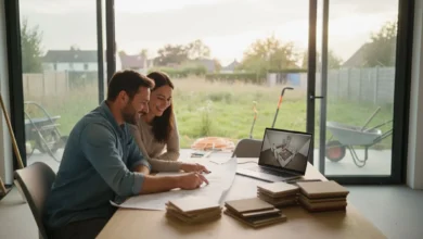 Photo lumineuse d’un couple assis à une table avec un constructeur, au milieu d’une maison neuve presque terminée. Sur la table, un plan de maison, des nuanciers de matériaux et un ordinateur portable ouvert sur une vue 3D. En arrière-plan, de grandes baies vitrées donnant sur un jardin encore brut, avec quelques outils de chantier visibles, pour symboliser une construction quasi achevée et un projet maîtrisé.