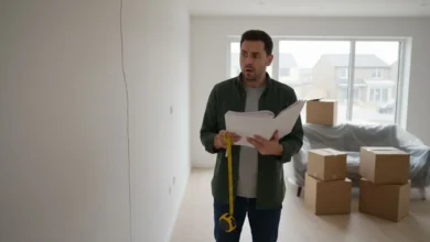 Photo en lumière naturelle d’un propriétaire debout dans son salon neuf, observant une grande fissure le long d’un mur blanc, un dossier de documents et un mètre de chantier à la main. En arrière‑plan, on distingue des cartons encore fermés et une fenêtre donnant sur un lotissement récent, pour suggérer une maison nouvellement construite mais déjà affectée par des malfaçons.