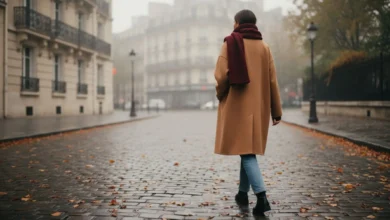 Photo streetstyle en pleine rue pavée, par temps d’automne, mettant en scène une personne de dos portant un long manteau camel oversize, une écharpe en laine épaisse, un jean droit et des bottes noires. L’ambiance est douce et légèrement brumeuse, avec des feuilles mortes au sol et des immeubles parisiens flous en arrière-plan. Les couleurs dominantes sont chaudes (beige, brun, bordeaux) et suggèrent une mode confortable mais chic.