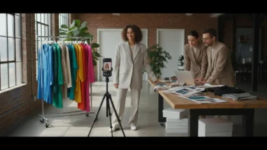 Photo horizontale lumineuse montrant une créatrice de contenu mode en plein tournage dans un studio urbain : elle pose devant un portant de vêtements colorés, un smartphone sur trépied filme en vertical avec l’interface d’un réseau social visible à l’écran, tandis que deux personnes représentant une marque observent sur un laptop, entourés d’échantillons de tissus, de carnets de moodboard et de boîtes à chaussures. L’ambiance est moderne, professionnelle mais décontractée.