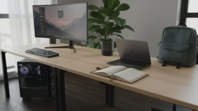 Photo en plan large d’un bureau moderne partagé en deux : à gauche un PC fixe avec grand écran, tour visible au sol et clavier mécanique, à droite un ordinateur portable fin et léger posé à côté d’un sac à dos. La lumière est naturelle, ambiance télétravail, avec une plante verte et un carnet de notes, pour illustrer visuellement le choix entre mobilité et puissance.