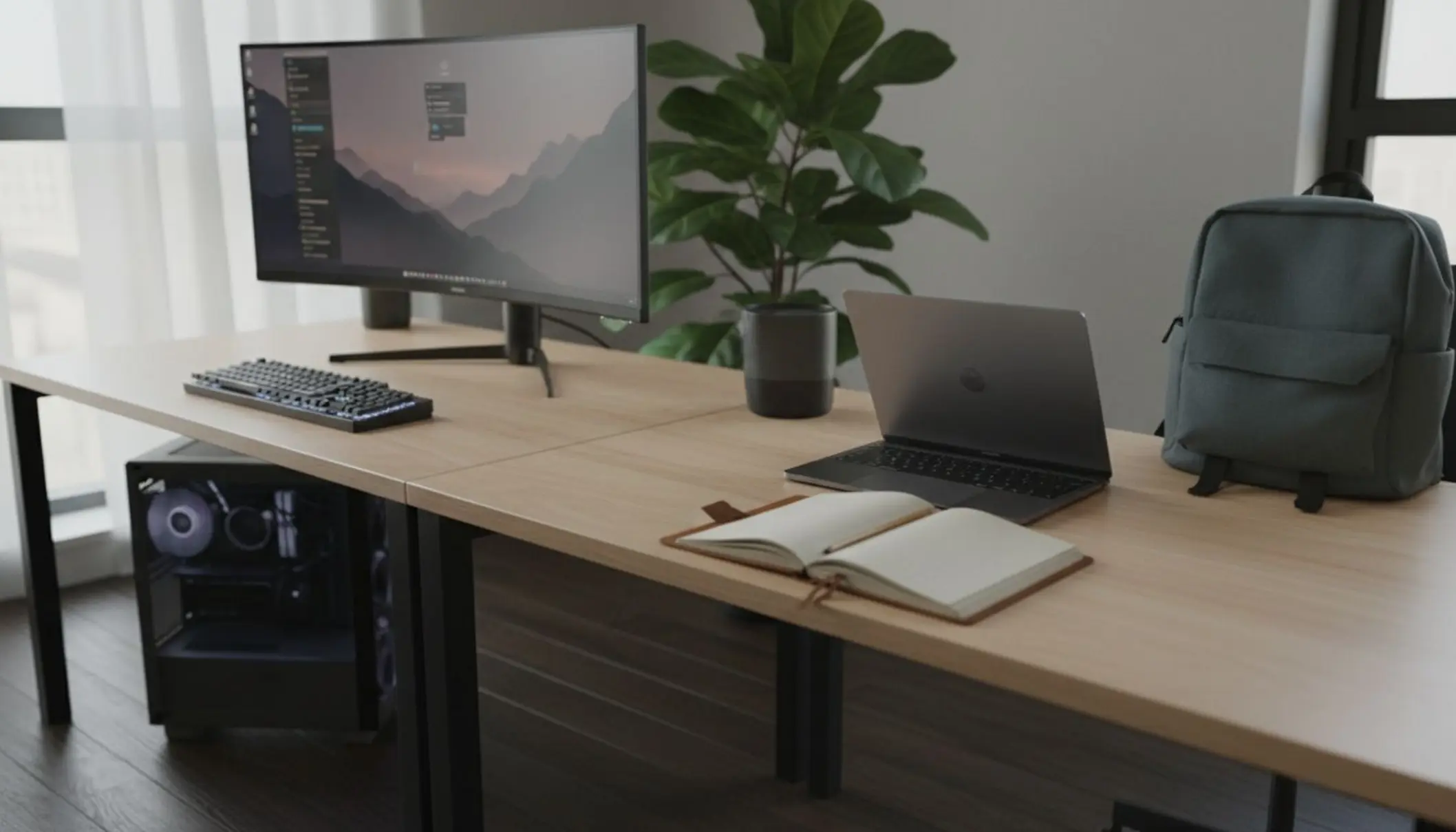 Photo en plan large d’un bureau moderne partagé en deux : à gauche un PC fixe avec grand écran, tour visible au sol et clavier mécanique, à droite un ordinateur portable fin et léger posé à côté d’un sac à dos. La lumière est naturelle, ambiance télétravail, avec une plante verte et un carnet de notes, pour illustrer visuellement le choix entre mobilité et puissance.