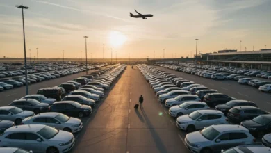 Photo vue en plongée d’un grand parking proche d’un aéroport, avec des rangées de voitures bien alignées au coucher du soleil. Au fond, on distingue un terminal d’aéroport et la silhouette d’un avion au décollage. Un voyageur tire sa valise le long d’une allée entre les voitures, ce qui illustre à la fois le départ en voyage et la question du stationnement longue durée.