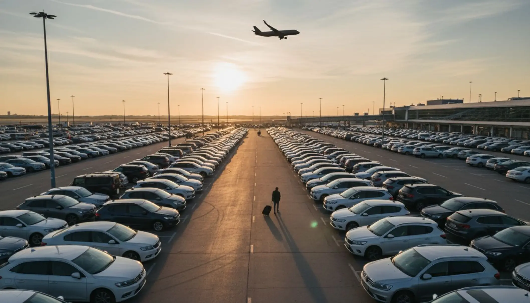 Photo vue en plongée d’un grand parking proche d’un aéroport, avec des rangées de voitures bien alignées au coucher du soleil. Au fond, on distingue un terminal d’aéroport et la silhouette d’un avion au décollage. Un voyageur tire sa valise le long d’une allée entre les voitures, ce qui illustre à la fois le départ en voyage et la question du stationnement longue durée.