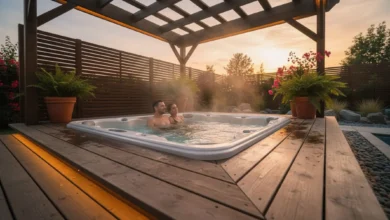 Photo en contre-plongée d’un spa jacuzzi quatre places installé sur une terrasse en bois, abrité par une pergola ajourée. On voit un couple se détendre dans l’eau fumante au coucher du soleil, avec en arrière-plan un jardin paysager, quelques plantes en pot et un panneau brise-vue qui garantit l’intimité. Le ciel est légèrement orangé, l’éclairage extérieur est doux et chaleureux.