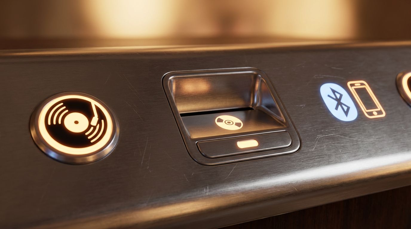 Panneau de contrôle d'un jukebox moderne avec options vinyle, CD et Bluetoot