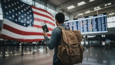 Photo en contre-plongée d’un voyageur avec un sac à dos dans un aéroport moderne, tenant un passeport et une carte d’embarquement, avec en arrière-plan flou un grand drapeau américain et le tableau d’affichage des vols internationaux.