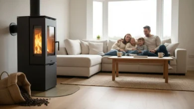 Photo lumineuse d’un salon contemporain avec un poêle à granulés en fonctionnement : flammes visibles derrière une vitre propre, sac de granulés ouvert posé à côté, sol en bois clair, grande baie vitrée laissant entrer la lumière du jour, et une famille profitant de la chaleur sur un canapé. L’ambiance doit être chaleureuse mais réaliste, sans effet trop publicitaire.